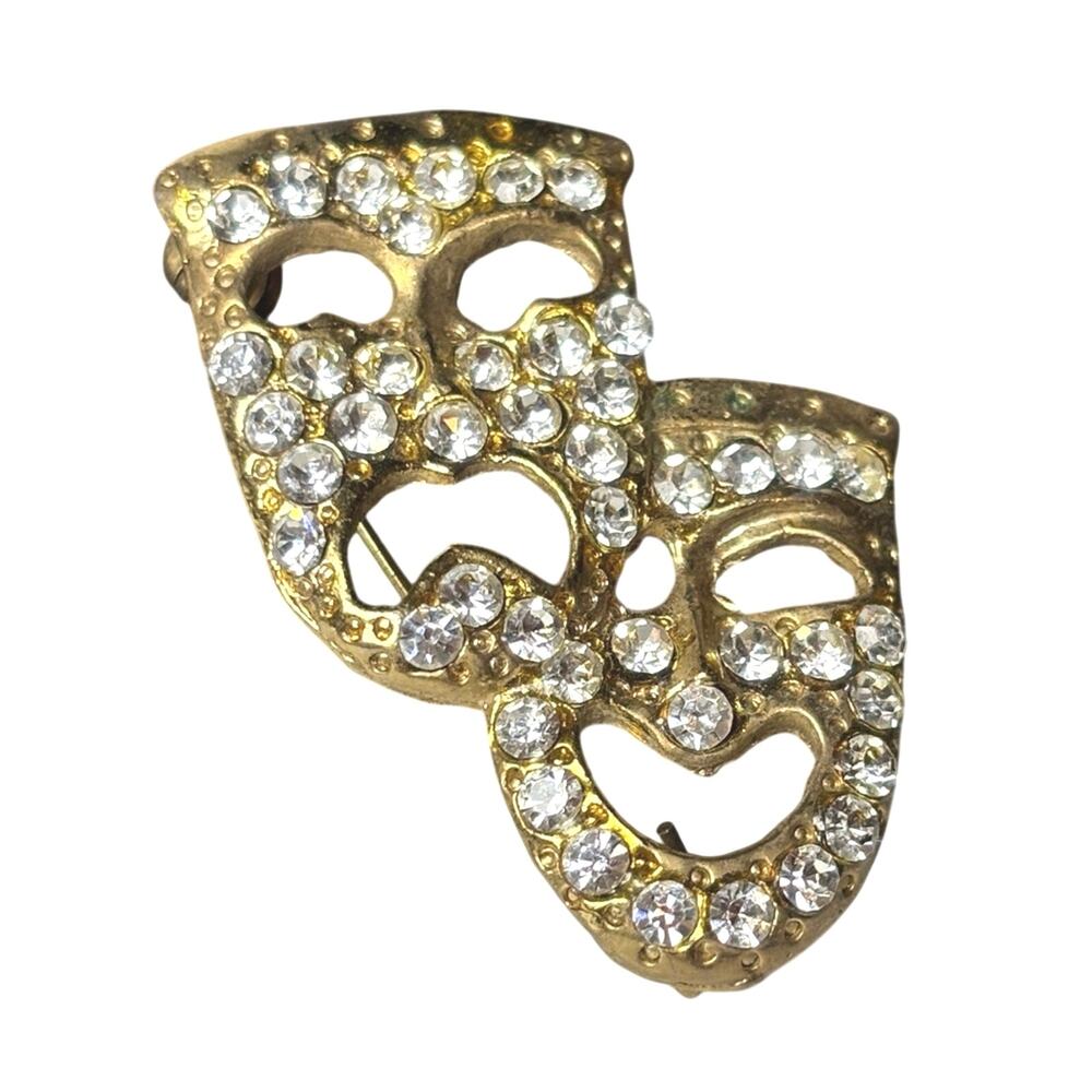 Vintage Gold Tone Rhinestone Theater Mask Brooch | Comedy Tragedy Pin